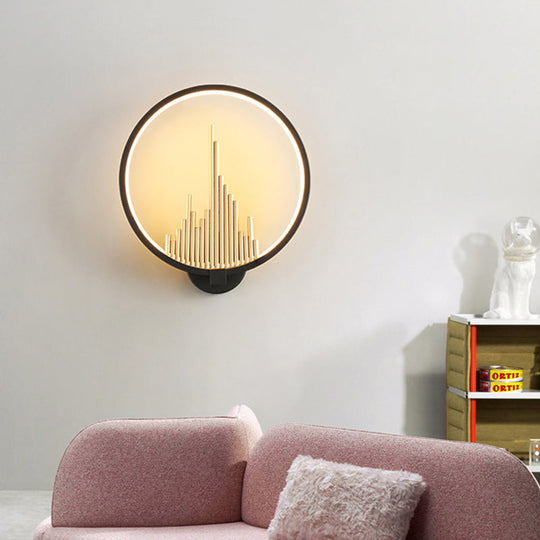 Modern Acrylic Halo-Ring Led Sconce Light In Black/White With Mountain Pattern - Warm Lighting Black