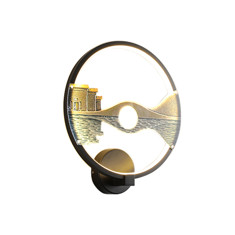 Chinese-Inspired Black/White Led Acrylic Wall Sconce - 12 Circular Lamp With Scenic Pattern