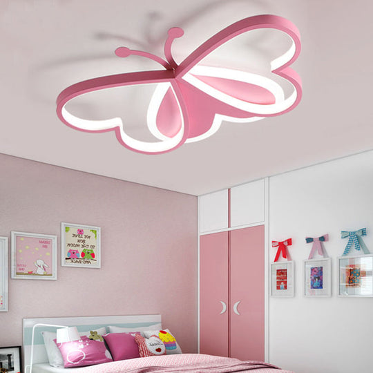 Metal And Acrylic Butterfly Led Flushmount Lamp For Childrens Room In Blue/Pink Pink