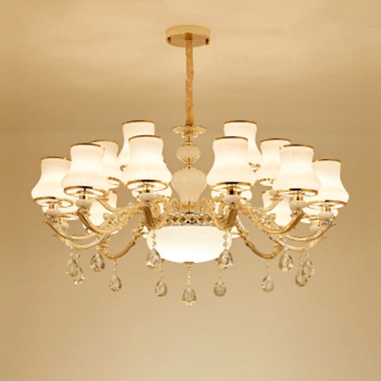 White Glass Pendant Chandelier With Crystal Draping For Living Room - Classic Bud Lighting