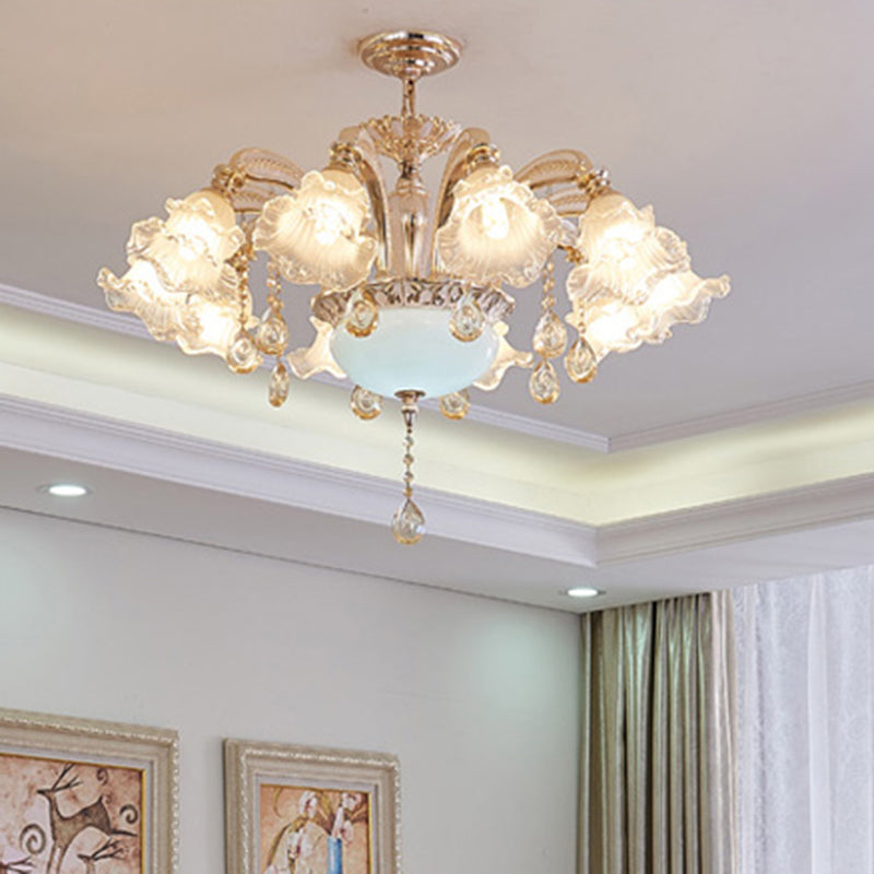 Vintage Floral Chandelier Pendant With Ribbed Ruffle Glass And Crystal Accent