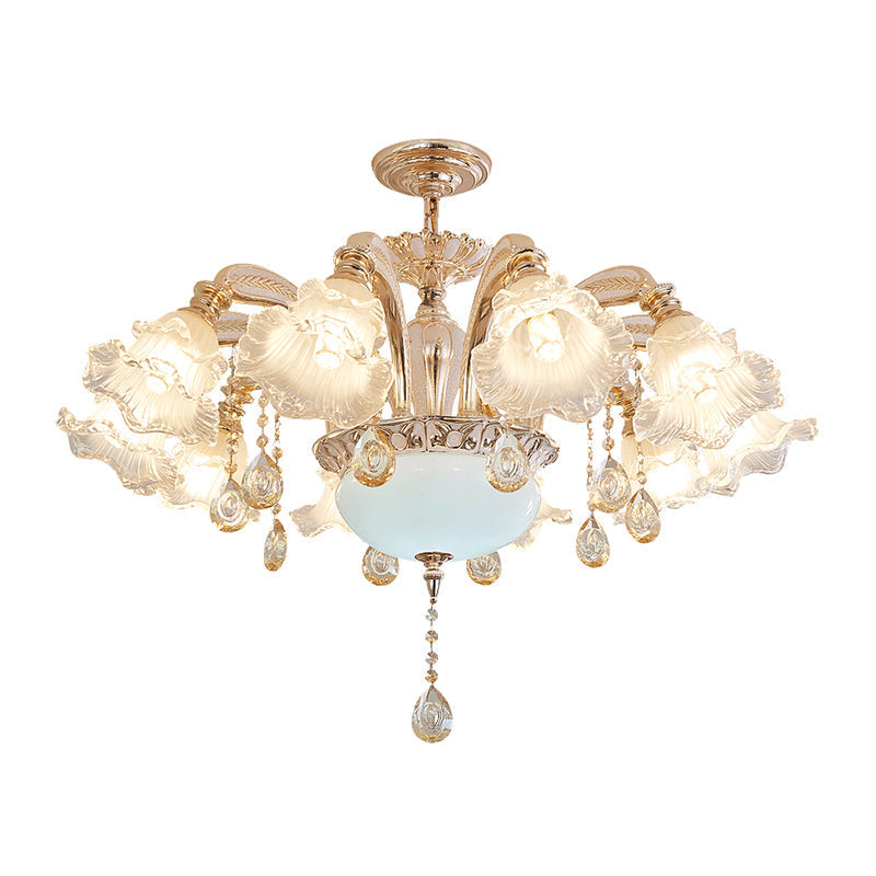Vintage Floral Chandelier Pendant With Ribbed Ruffle Glass And Crystal Accent