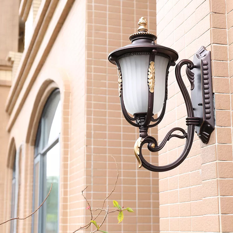 Vintage Bell Wall Light - Frosted Rib Glass Outdoor Lamp (Coffee)
