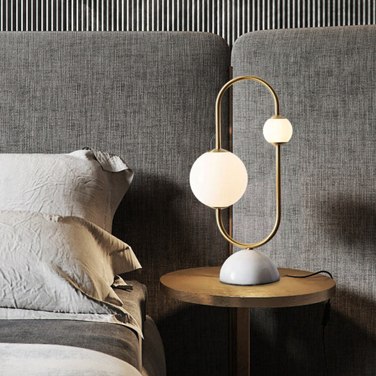 Modern Gold Led Nightstand Lamp With Frosted Glass Shades Marble Dome Base 2 Heads