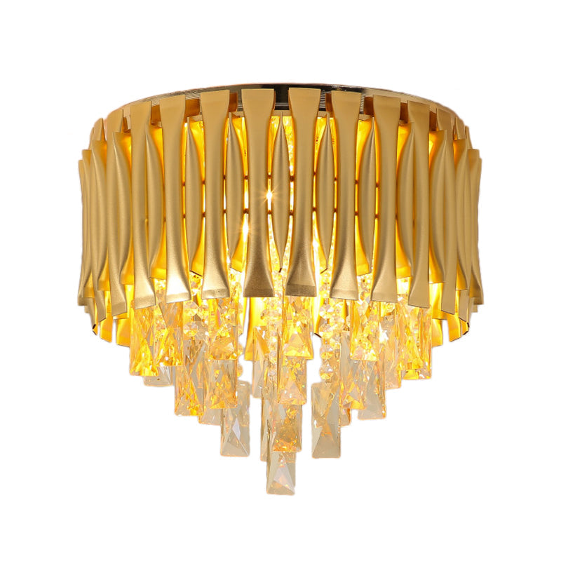 Modern Metal Drum Ceiling Light Fixture With Crystal Block Drop - Brass Flush Mount 5 Lights