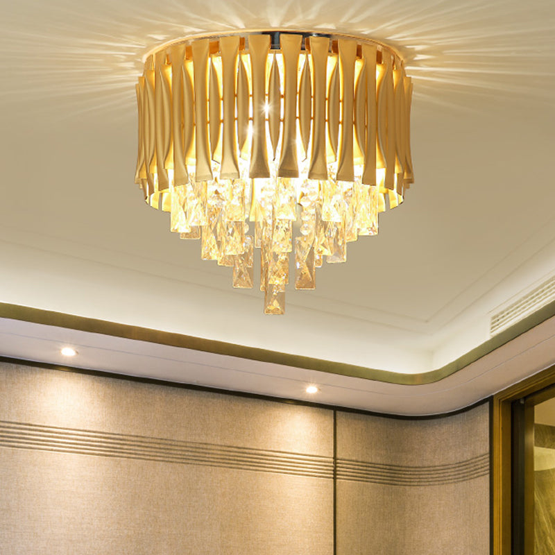 Modern Metal Drum Ceiling Light Fixture With Crystal Block Drop - Brass Flush Mount 5 Lights