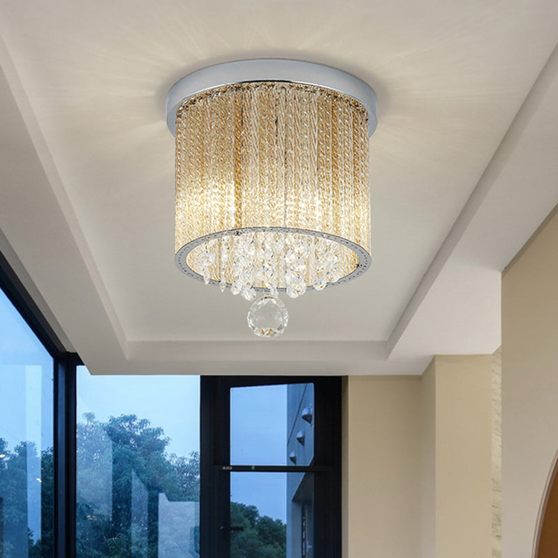 Modern Spiral Glass Rod Ceiling Light 2-Light Flush Mount Chrome With Crystal Drop 7’/10’ Wide