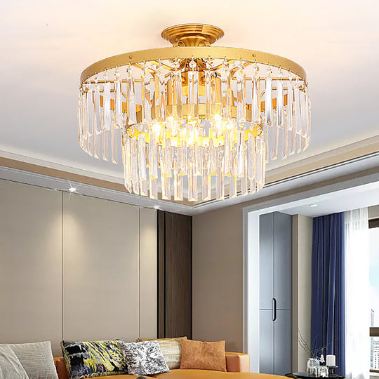 2-Tier Semi Flush Mount Crystal Rod Ceiling Light With 5 Lights Modern Black/Gold Fixture For