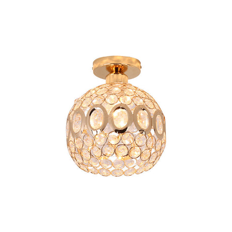Modern Crystal And Metal Semi Flush Mount Ceiling Light With Gold Dome Shade