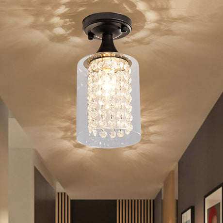 Vintage Black Semi Flush Mount Ceiling Light With Cylinder/Globe Glass Shade And Crystal Strands