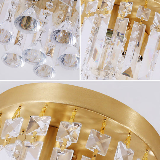Modern Crystal Block Cylinder Flush Mount Light With Brass Finish - 2 Lights 8’/10’ Wide