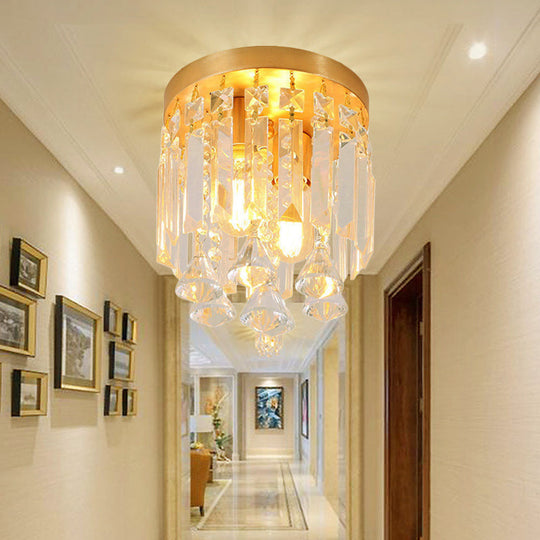 Modern Crystal Block Cylinder Flush Mount Light With Brass Finish - 2 Lights 8’/10’ Wide / 8’
