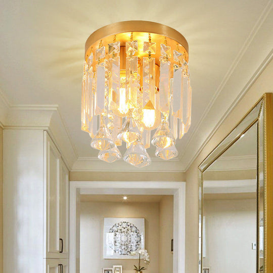 Modern Crystal Block Cylinder Flush Mount Light With Brass Finish - 2 Lights 8/10 Wide