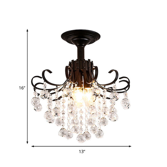 Modern Semi-Flush Mount Ceiling Light With Curve Arm And Faceted Crystal Balls In Gold/Black
