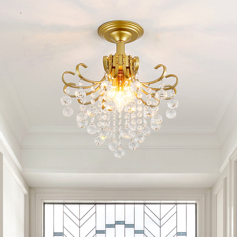 Modern Semi-Flush Mount Ceiling Light With Curve Arm And Faceted Crystal Balls In Gold/Black