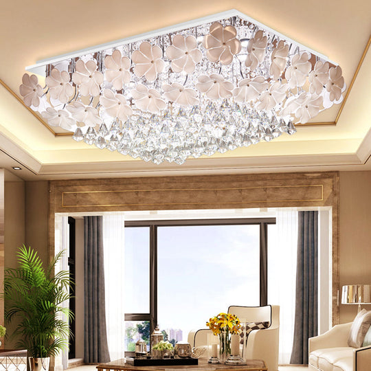 Modern Crystal Led Chrome Ceiling Light Fixture For Living Room - Flush Mount Rectangular Design