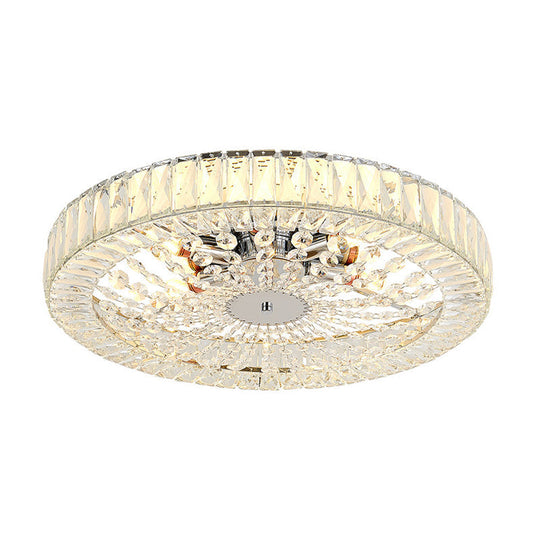 Contemporary Crystal Block Led Chrome Ceiling Fixture - Drum Flush Mount Light 16’/23.5’ Wide