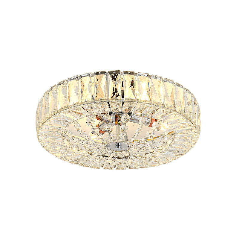 Contemporary Crystal Block Led Chrome Ceiling Fixture - Drum Flush Mount Light 16’/23.5’ Wide