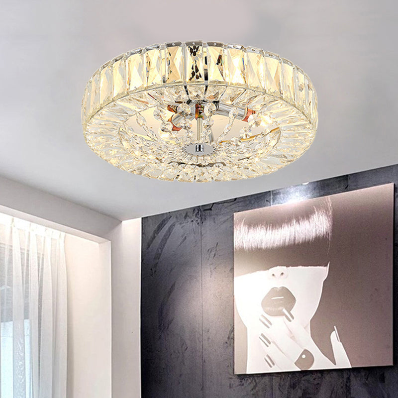 Contemporary Crystal Block Led Chrome Ceiling Fixture - Drum Flush Mount Light 16/23.5 Wide
