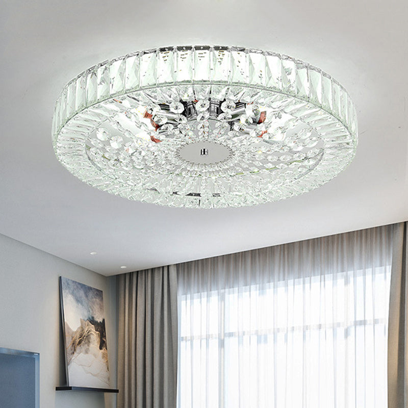 Contemporary Crystal Block Led Chrome Ceiling Fixture - Drum Flush Mount Light 16’/23.5’ Wide