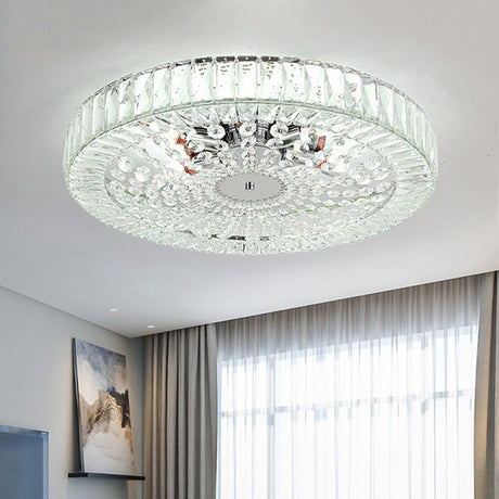 Contemporary Crystal Block Led Chrome Ceiling Fixture - Drum Flush Mount Light 16’/23.5’ Wide