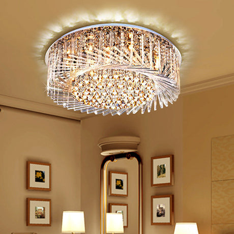 Contemporary Crystal Led Drum Ceiling Lamp With Chrome Flush Mount - 23.5/31.5 Wide