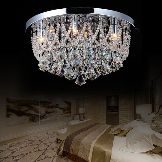 Modern Crystal Strand Ceiling Lamp - Dome Flush 3 Lights 14’/18’ Wide Chrome; Ideal For Bedroom