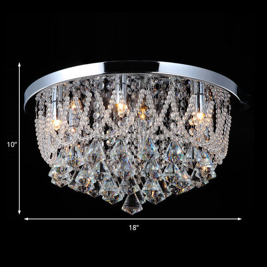 Modern Crystal Strand Ceiling Lamp - Dome Flush 3 Lights 14’/18’ Wide Chrome; Ideal For Bedroom