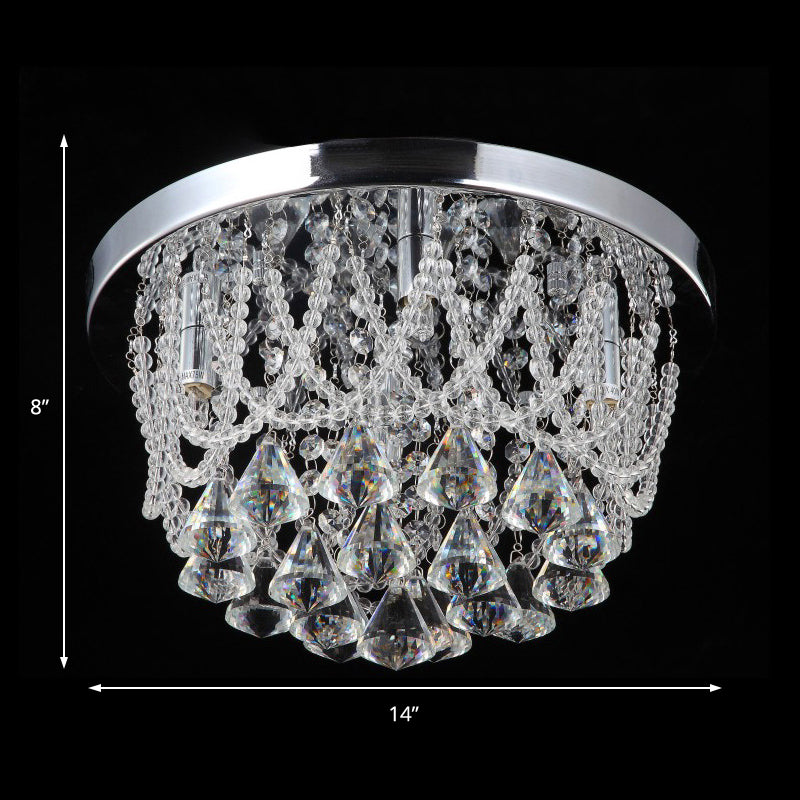 Modern Crystal Strand Ceiling Lamp - Dome Flush 3 Lights 14’/18’ Wide Chrome; Ideal For Bedroom