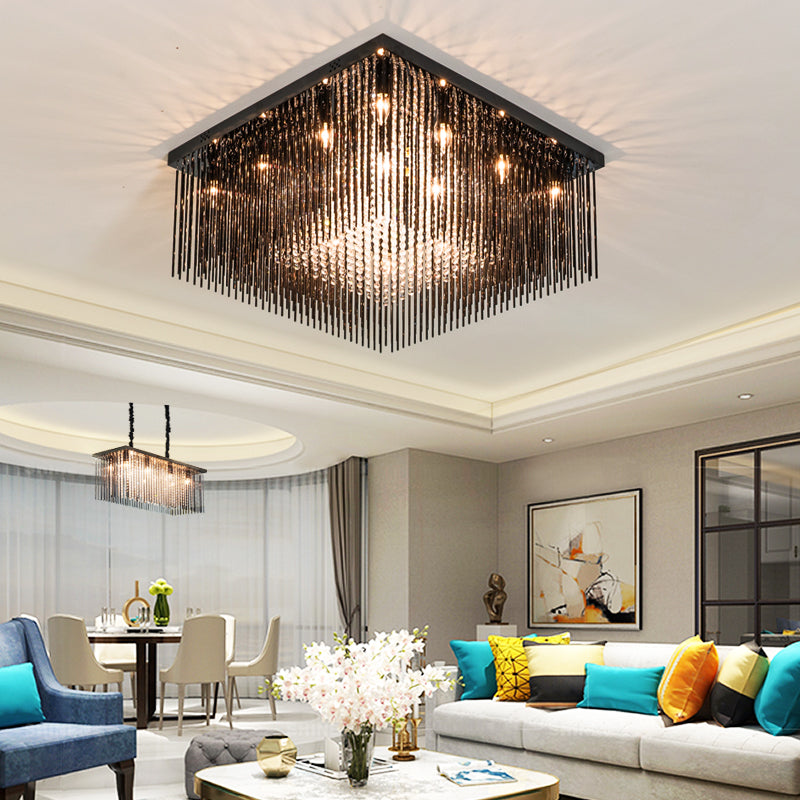 Contemporary Crystal Rod And Beaded Cubic Flush Ceiling Light - Black 4/6/9 Lights 16/19/23.5 Wide