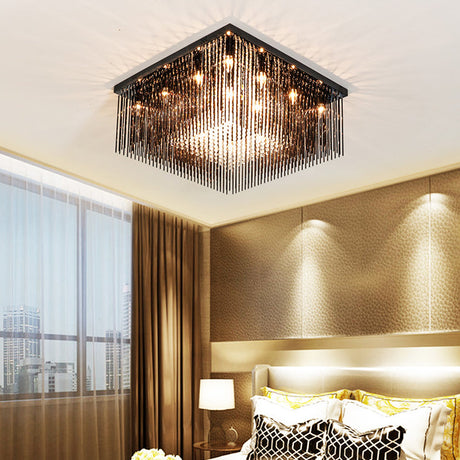 Contemporary Crystal Rod And Beaded Cubic Flush Ceiling Light - Black 4/6/9 Lights 16/19/23.5 Wide