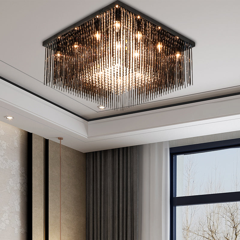 Contemporary Crystal Rod And Beaded Cubic Flush Ceiling Light - Black 4/6/9 Lights 16/19/23.5 Wide /