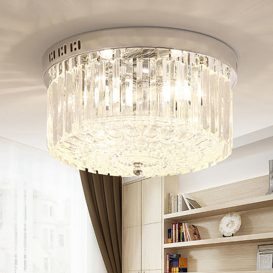 Modern Chrome Drum Flush Light Fixture With 3 Rectangular-Cut Crystal Lights For Bedroom - 10/14