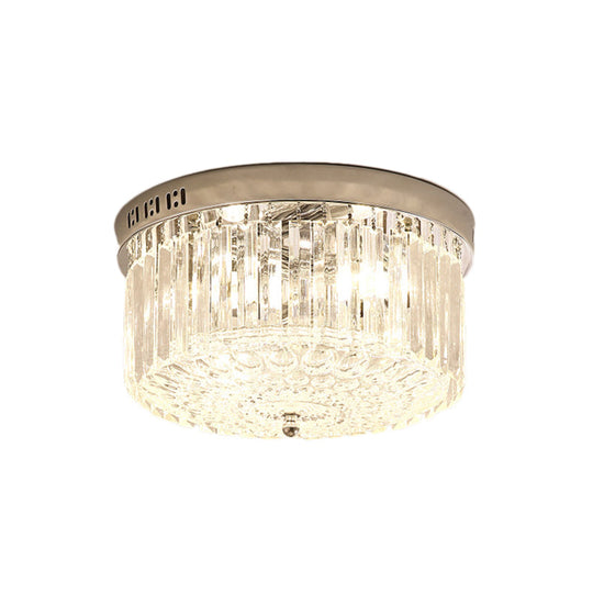 Modern Chrome Drum Flush Light Fixture With 3 Rectangular-Cut Crystal Lights For Bedroom -