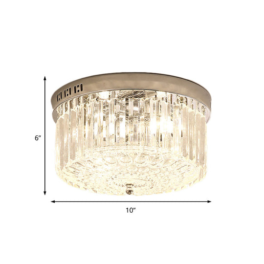 Modern Chrome Drum Flush Light Fixture With 3 Rectangular-Cut Crystal Lights For Bedroom - 10/14