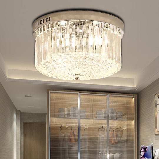 Modern Chrome Drum Flush Light Fixture With 3 Rectangular-Cut Crystal Lights For Bedroom - 10/14