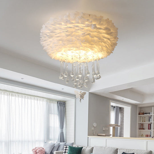 Modern Nordic Cloud Flush Light With Crystal Drop - White/Pink/Black Feather 2/3/4 Lights Bedroom