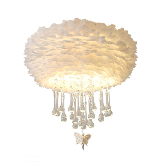 Modern Nordic Cloud Flush Light With Crystal Drop - White/Pink/Black Feather 2/3/4 Lights Bedroom