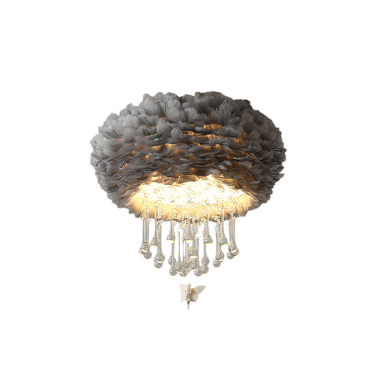 Modern Nordic Cloud Flush Light With Crystal Drop - White/Pink/Black Feather 2/3/4 Lights Bedroom