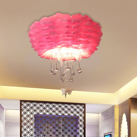 Modern Nordic Cloud Flush Light With Crystal Drop - White/Pink/Black Feather 2/3/4 Lights Bedroom