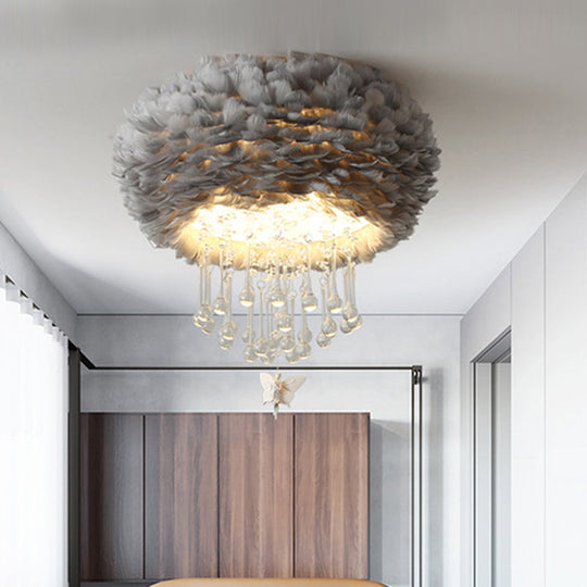 Modern Nordic Cloud Flush Light With Crystal Drop - White/Pink/Black Feather 2/3/4 Lights Bedroom