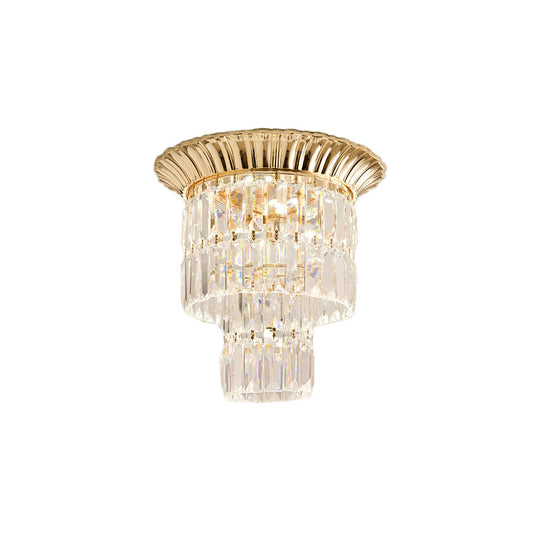 Modern Crystal Block Double Cylinder Shade Flush Ceiling Light - 5 Lights Chrome/Gold