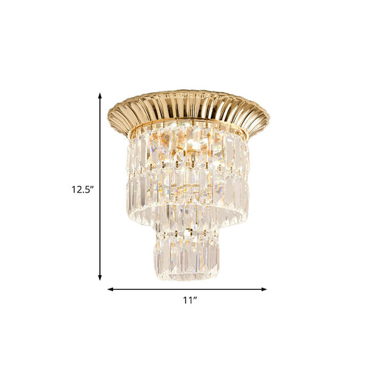 Modern Crystal Block Double Cylinder Shade Flush Ceiling Light - 5 Lights Chrome/Gold