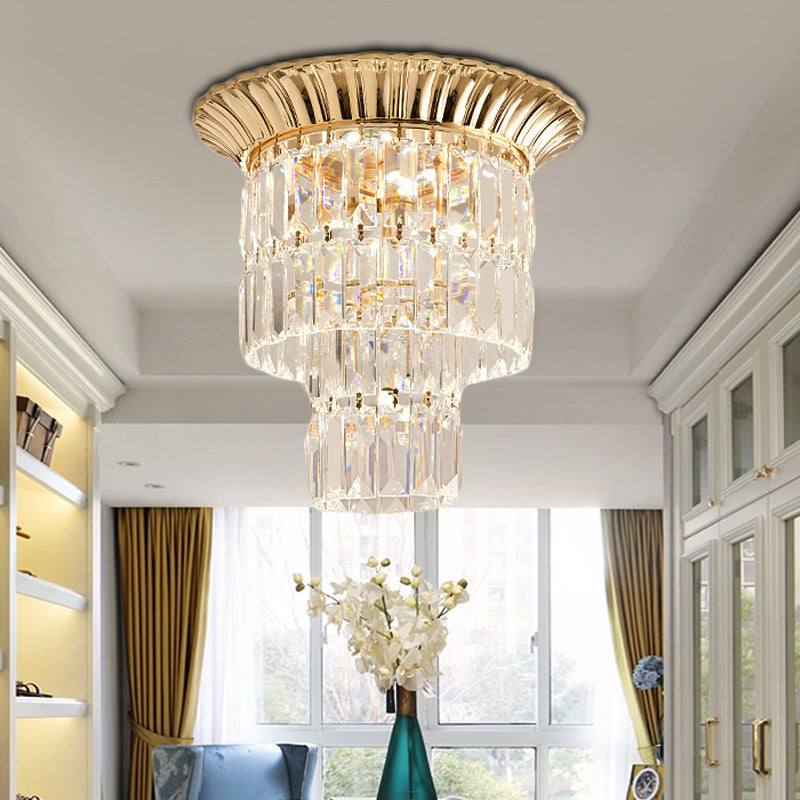Modern Crystal Block Double Cylinder Shade Flush Ceiling Light - 5 Lights Chrome/Gold Gold