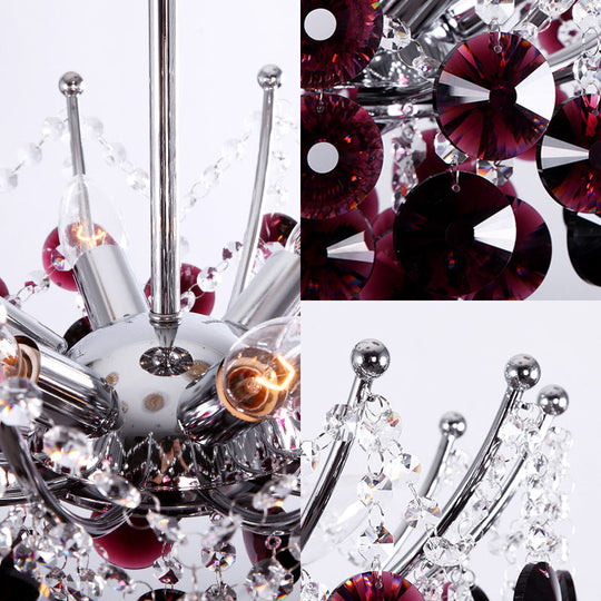 Modern Crystal Dome Semi Flush Light Fixture 5 Lights In Burgundy/Smoke Gray/Amber 16’ & 19.5’