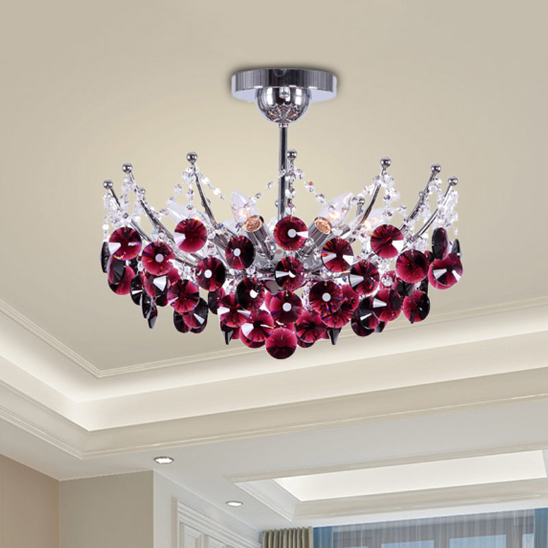 Modern Crystal Dome Semi Flush Light Fixture 5 Lights In Burgundy/Smoke Gray/Amber 16’ & 19.5’