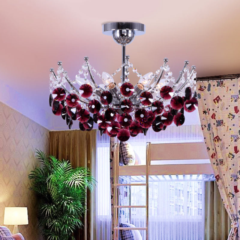 Modern Crystal Dome Semi Flush Light Fixture 5 Lights In Burgundy/Smoke Gray/Amber 16’ & 19.5’