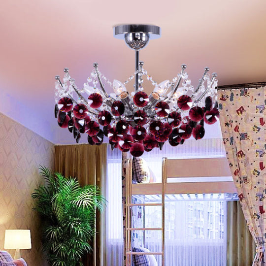 Modern Crystal Dome Semi Flush Light Fixture 5 Lights In Burgundy/Smoke Gray/Amber 16’ & 19.5’