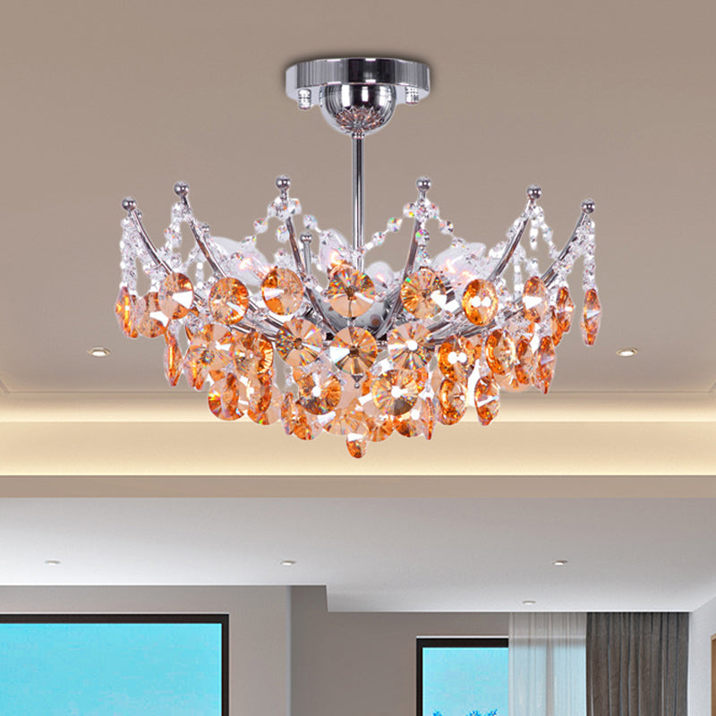 Modern Crystal Dome Semi Flush Light Fixture 5 Lights In Burgundy/Smoke Gray/Amber 16’ & 19.5’