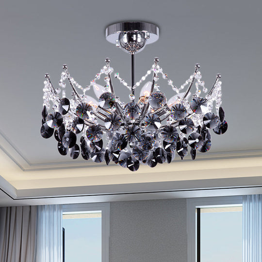 Modern Crystal Dome Semi Flush Light Fixture 5 Lights In Burgundy/Smoke Gray/Amber 16’ & 19.5’